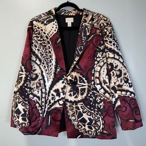Chicos Multi Print Satin Leopard Paisley Blazer Burgundy Black Tan Size Large